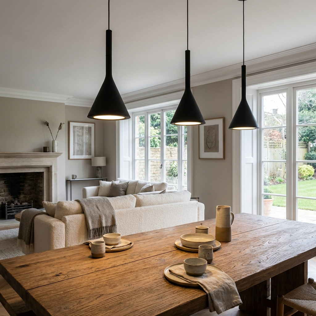 Black Nordic ters pendant lighting creating a striking focal point above a rustic dining table