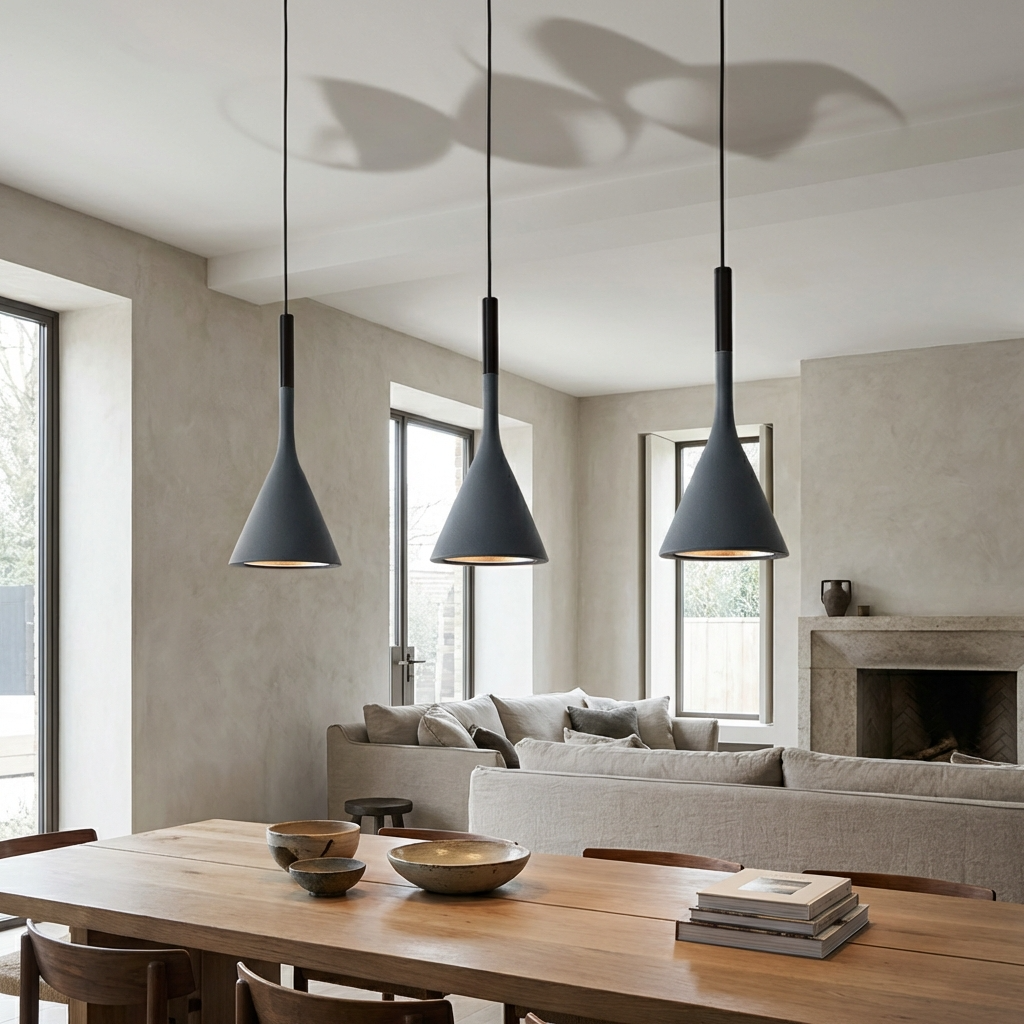 Graphite funnel ters pendant lights hanging in a row over a bright dining space