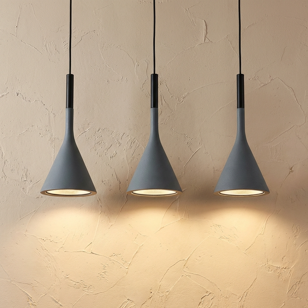 Three graphite Nordic funnel ters pendant lights illuminating a textured beige wall with a warm, focused glow