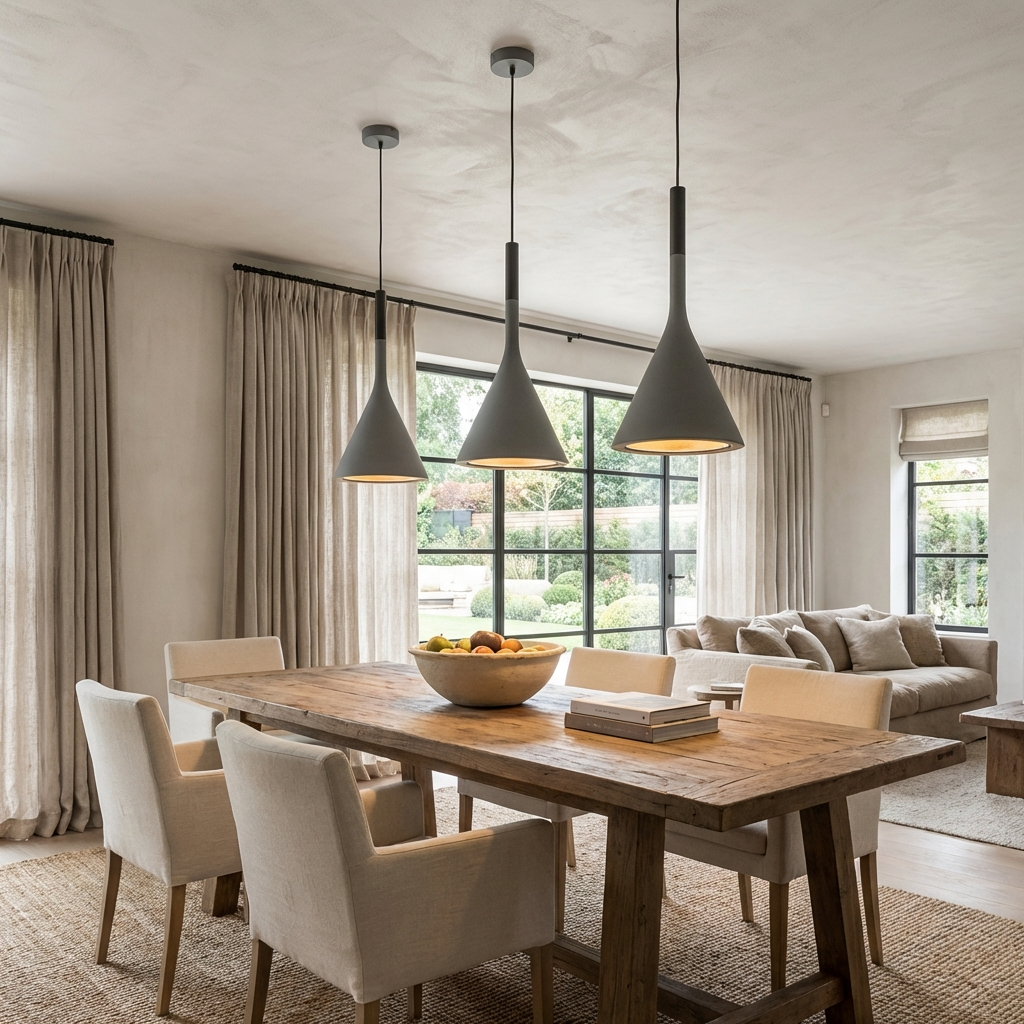 Graphite resin funnel ters pendants suspended elegantly over a wooden dining table in a modern home