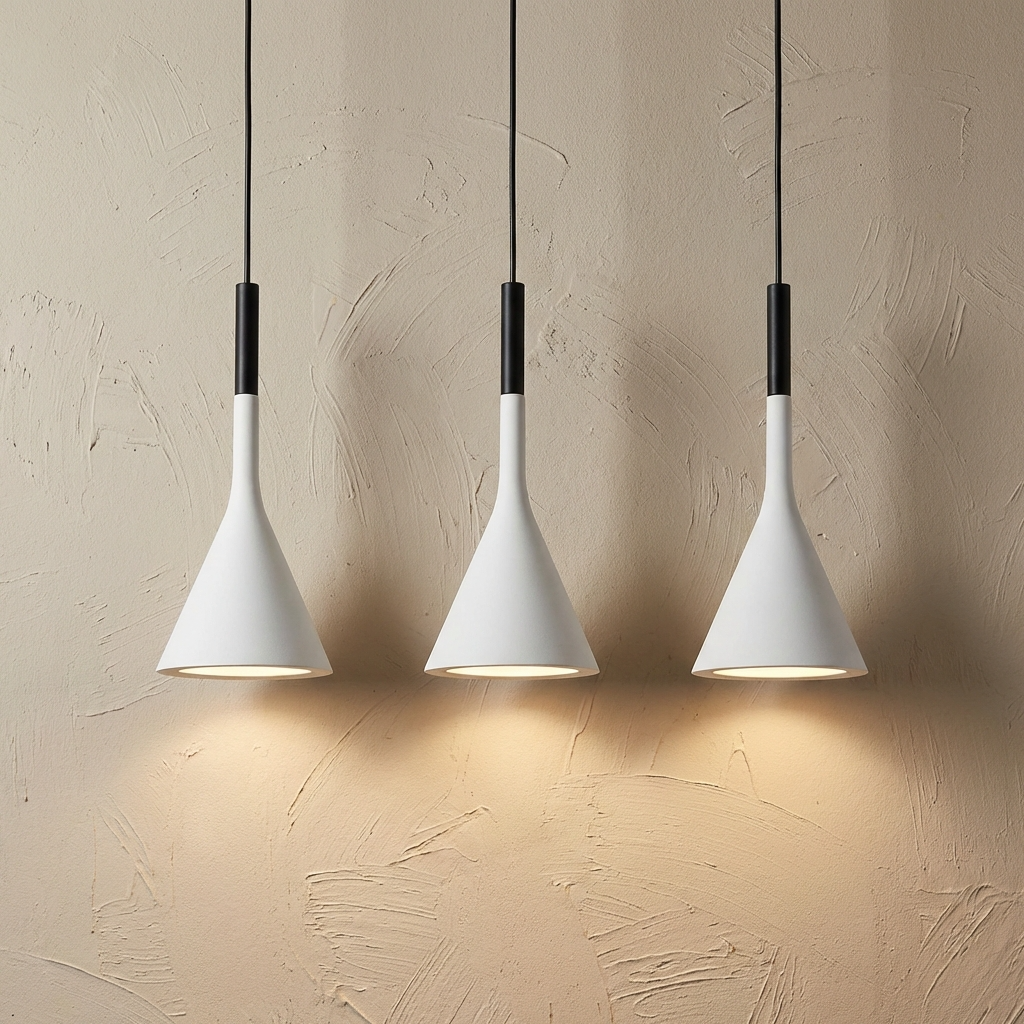 Three white Scandinavian funnel ters ceiling lamps casting smooth, glare-free downlight