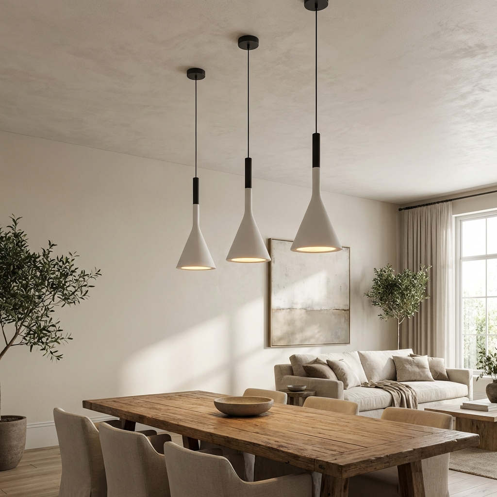 White teardrop ters pendant lights hanging gracefully over a dining table in a sunlit Scandinavian interior