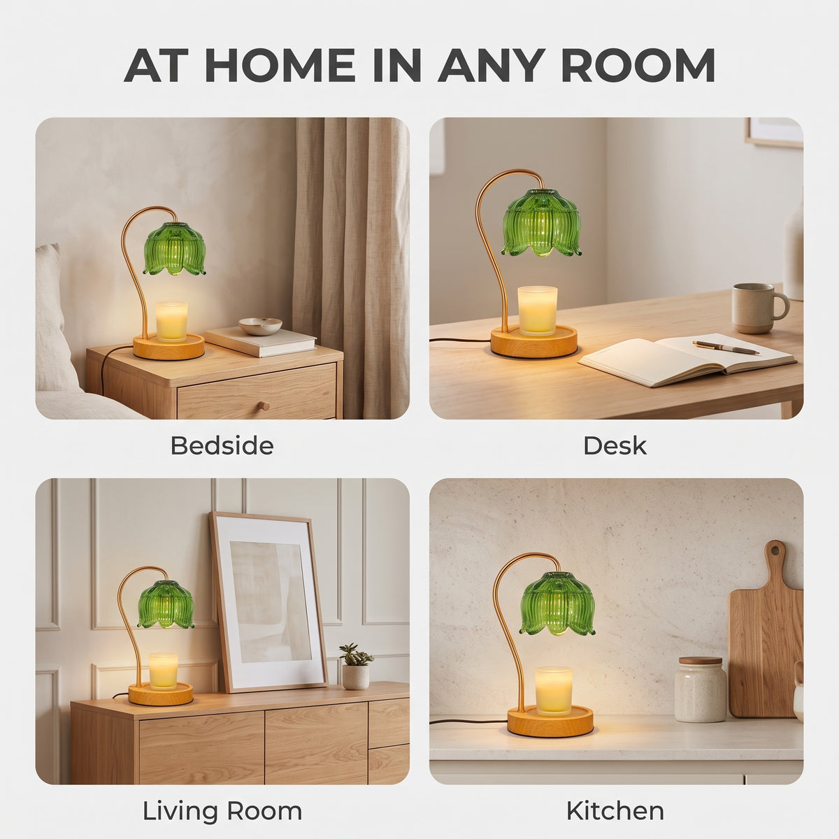 Tulvi green glass candle warmer lamp shown on a bedside table, desk, living room sideboard and kitchen worktop
