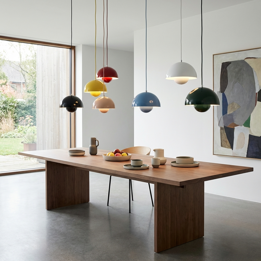 Cluster of multicoloured flowerpot tuska pendant lights suspended over a modern wooden dining table