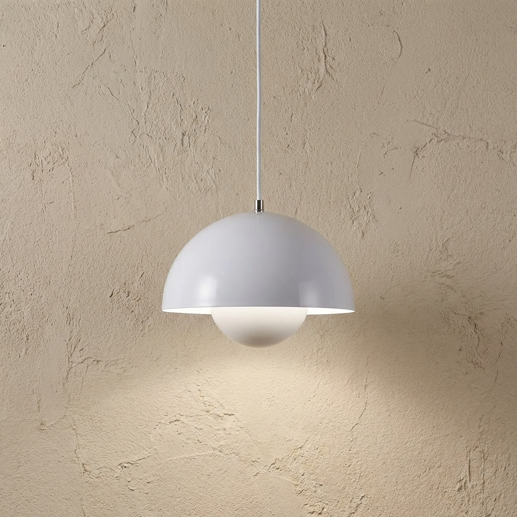 Clean white Scandinavian flowerpot hanging tuska lamp illuminating a minimalist room