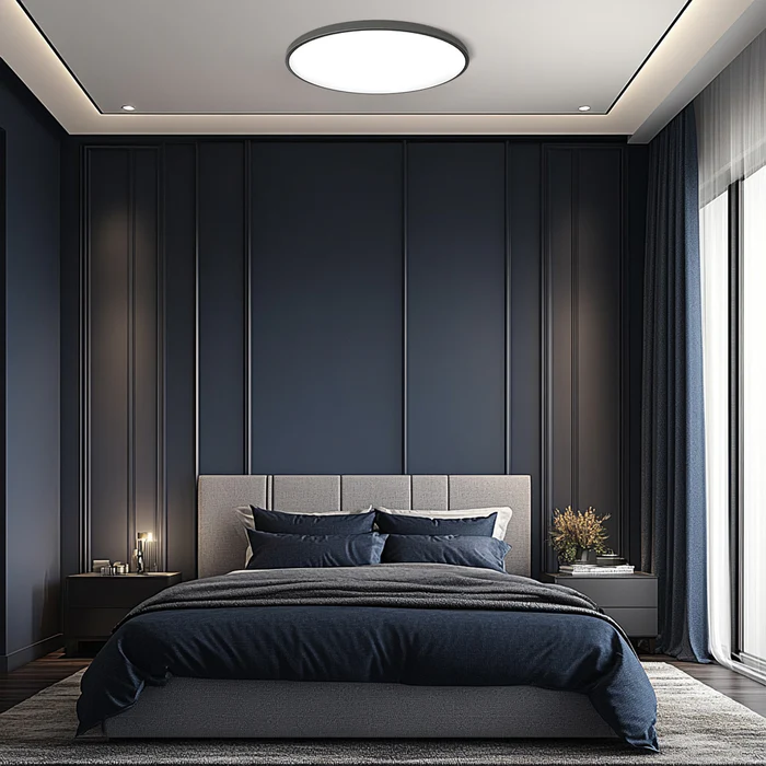 black ultra-thin LED flush mount tywa ceiling light contrasting beautifully in a dark blue bedroom