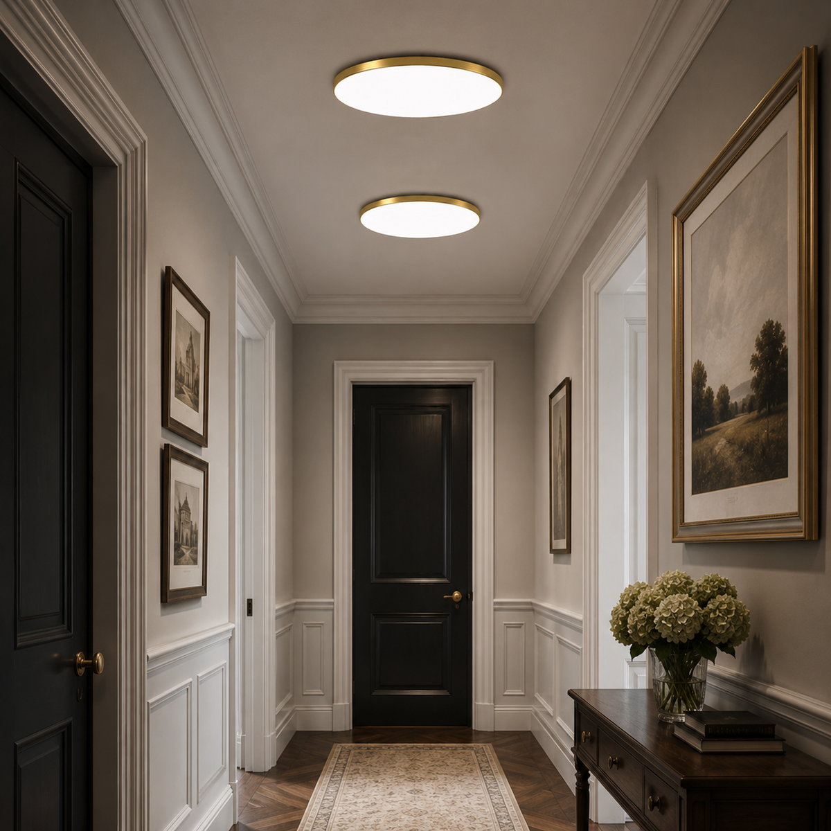 Two modern gold LED flush mount tywa ceiling lights providing bright, even illumination in a classic hallway