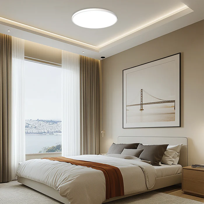 Modern white tywa ceiling lamp providing clean, even lighting in a neutral-toned bedroom