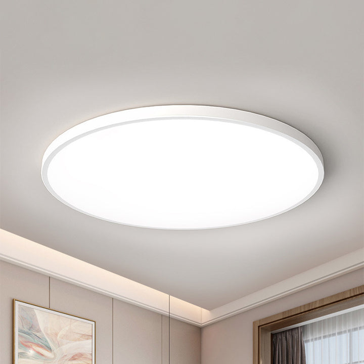 Close-up of a white ultra-thin round flat panel LED tywa ceiling fixture