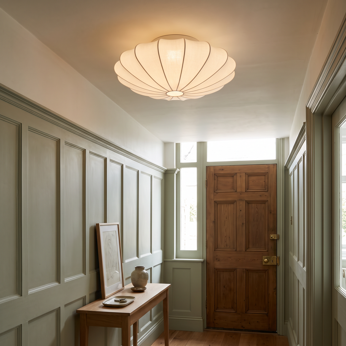 50cm white silk flush mount ceiling light in a panelled hallway