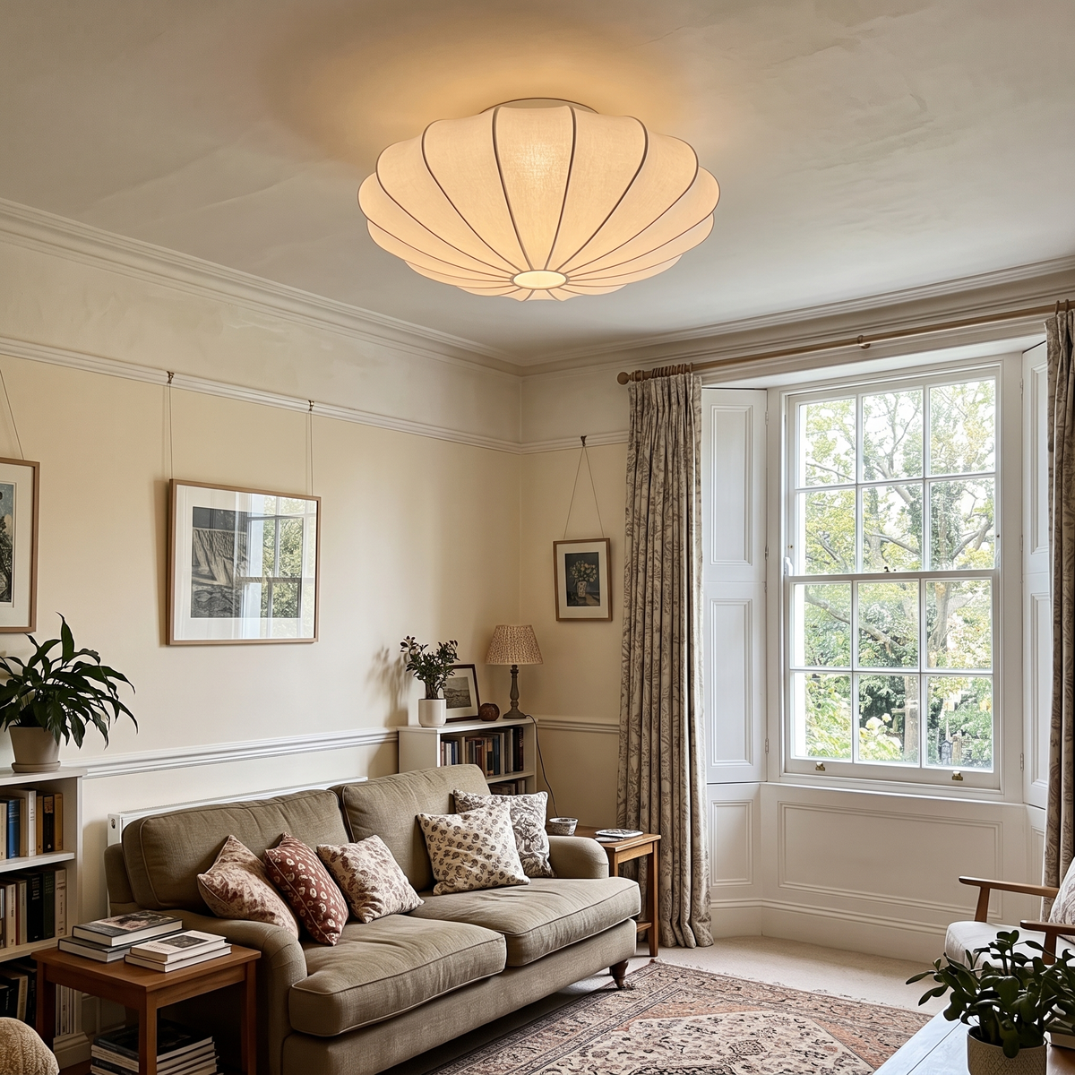 60cm white silk flush mount ceiling light in a living room