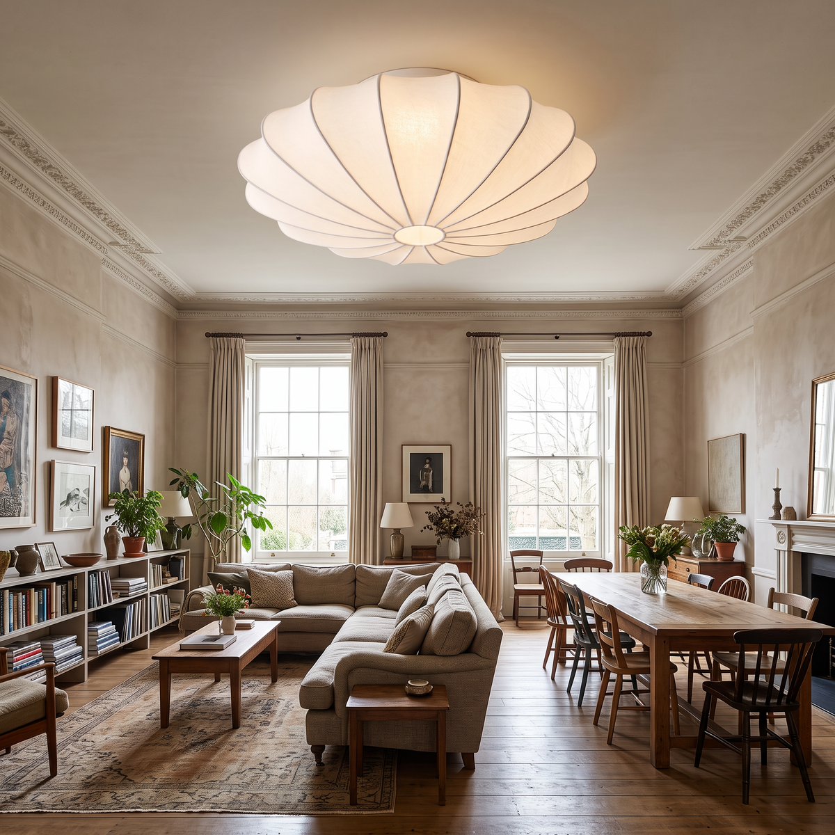 80cm white silk flush mount ceiling light in a large open-plan living and dining room