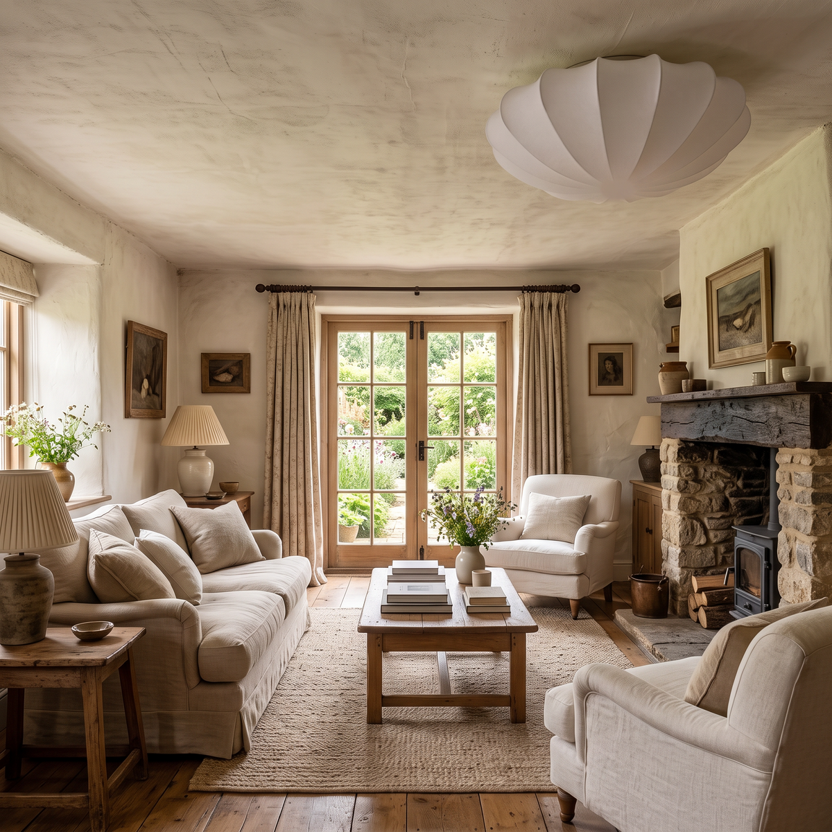 Varly white silk ceiling light in a British cottage living room with a stone fireplace