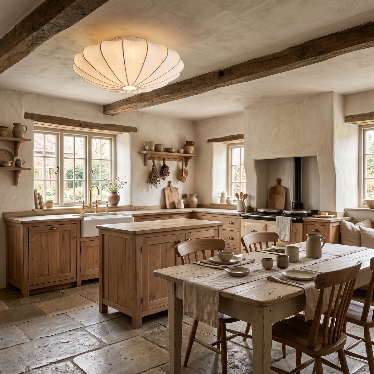 Varly white silk ceiling light above a farmhouse kitchen with a pine table