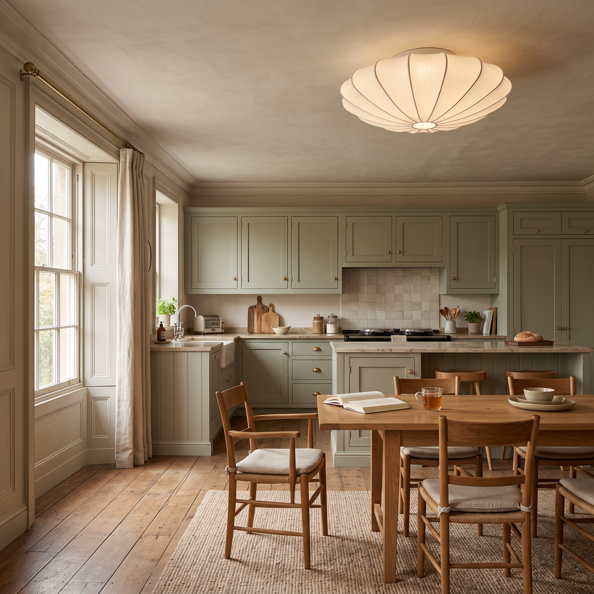 Varly white silk ceiling light above an oak dining table in a British Georgian kitchen-diner
