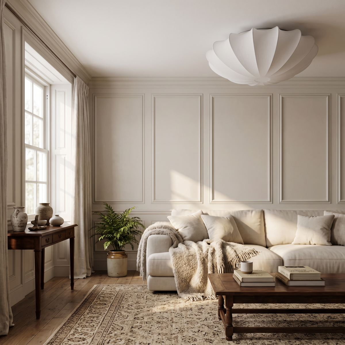 Varly white silk ceiling light in a British drawing room with panelled walls