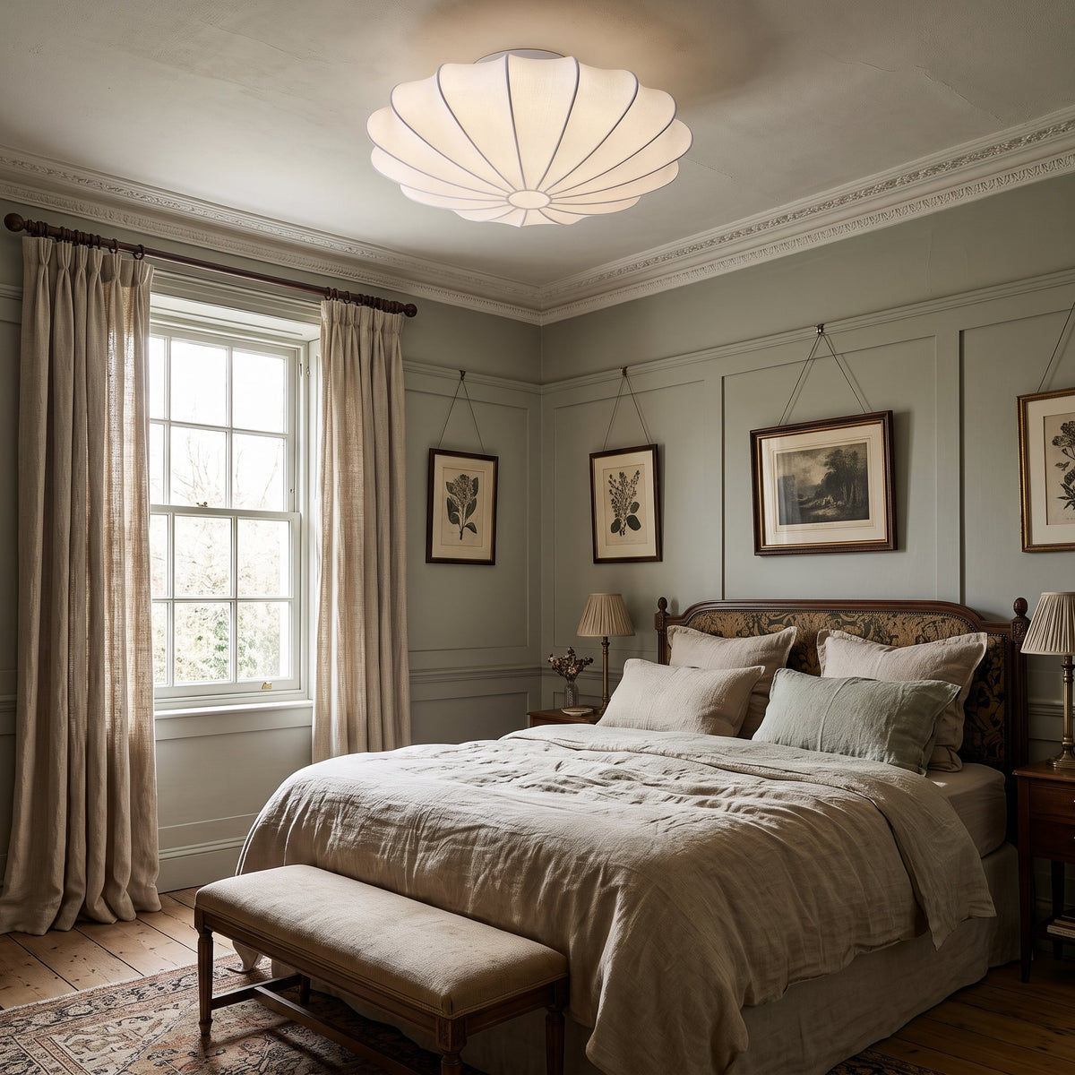 Varly white silk ceiling light in a British period bedroom with grey-green walls