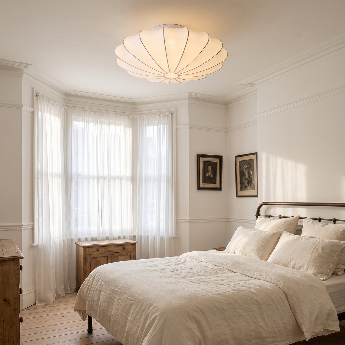 Varly white silk ceiling light in a Victorian terrace bedroom with a bay window