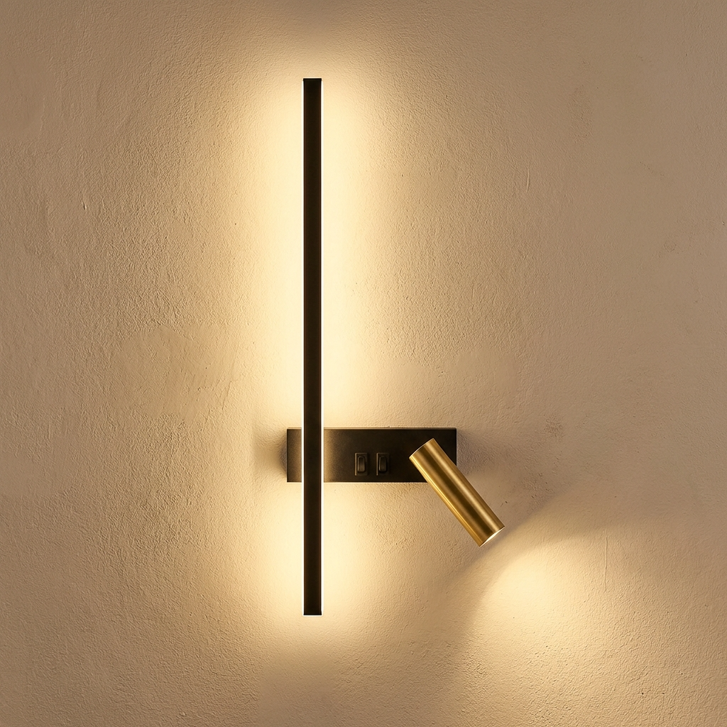 Modern veqi linear LED wall sconce in black and gold with an adjustable reading spotlight glowing warmly