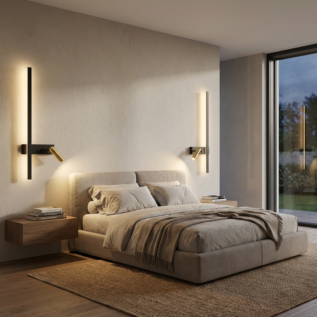 Modern master bedroom illuminated by sleek veqi black and gold linear wall sconces serving as bedside reading lights