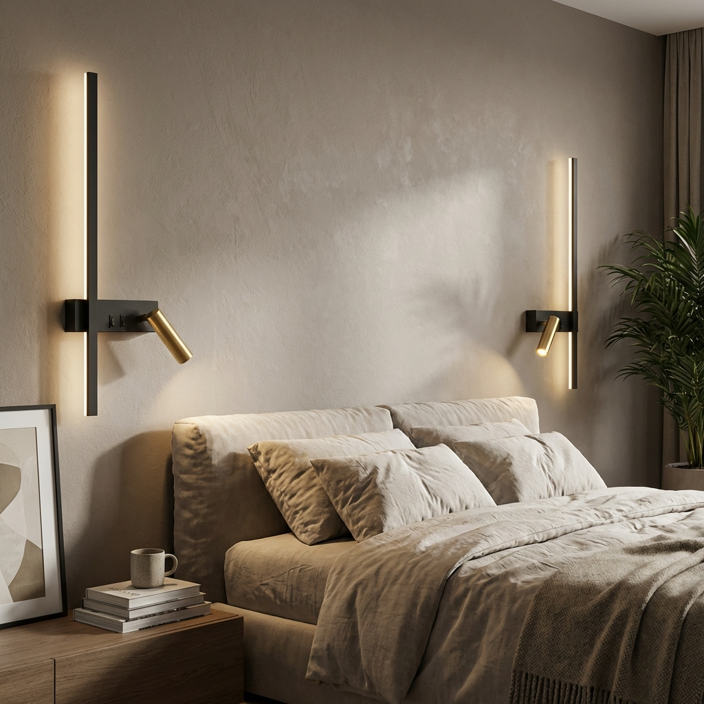 Pair of veqi Nordic dual-light wall lamps symmetrically framing a modern bed in a neutral bedroom interior