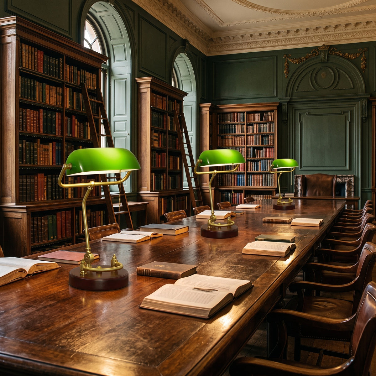 3 Verda green glass bankers lamps lit along a long oak reading table in a British heritage library