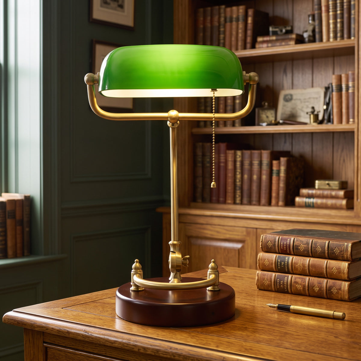 Verda green glass bankers lamp on an oak desk in a British heritage study with a dark green panelled wall and bookshelves