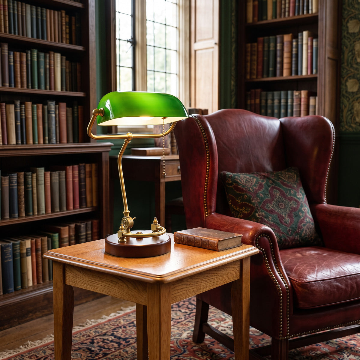 Verda green glass bankers lamp on an oak side table beside a leather armchair in a heritage reading nook