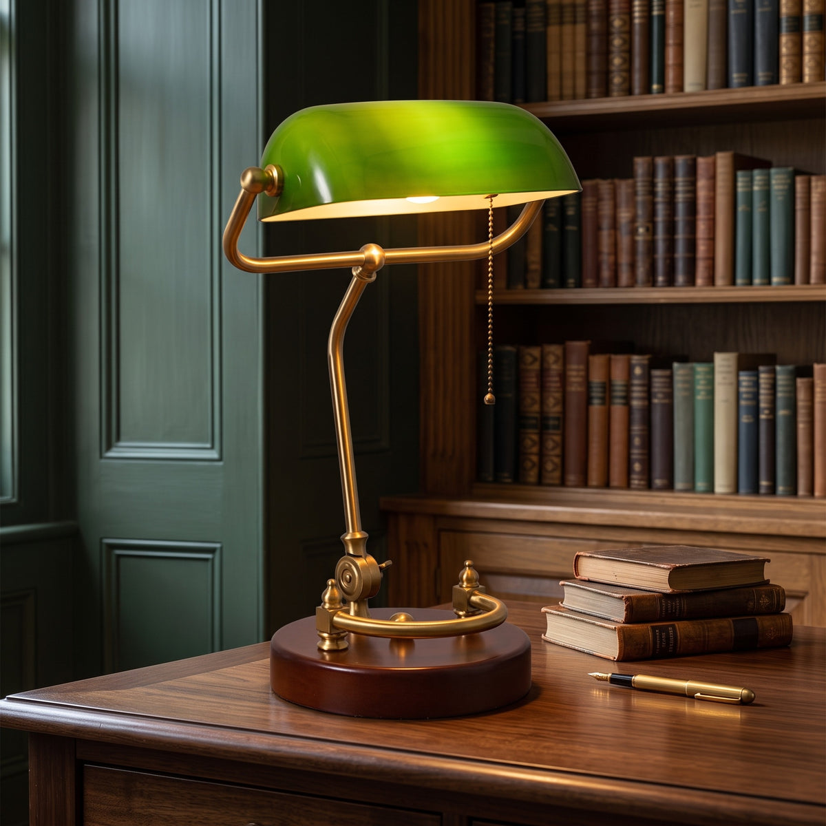 Verda green glass bankers lamp lit on a walnut desk at dusk with bookshelves and a fountain pen