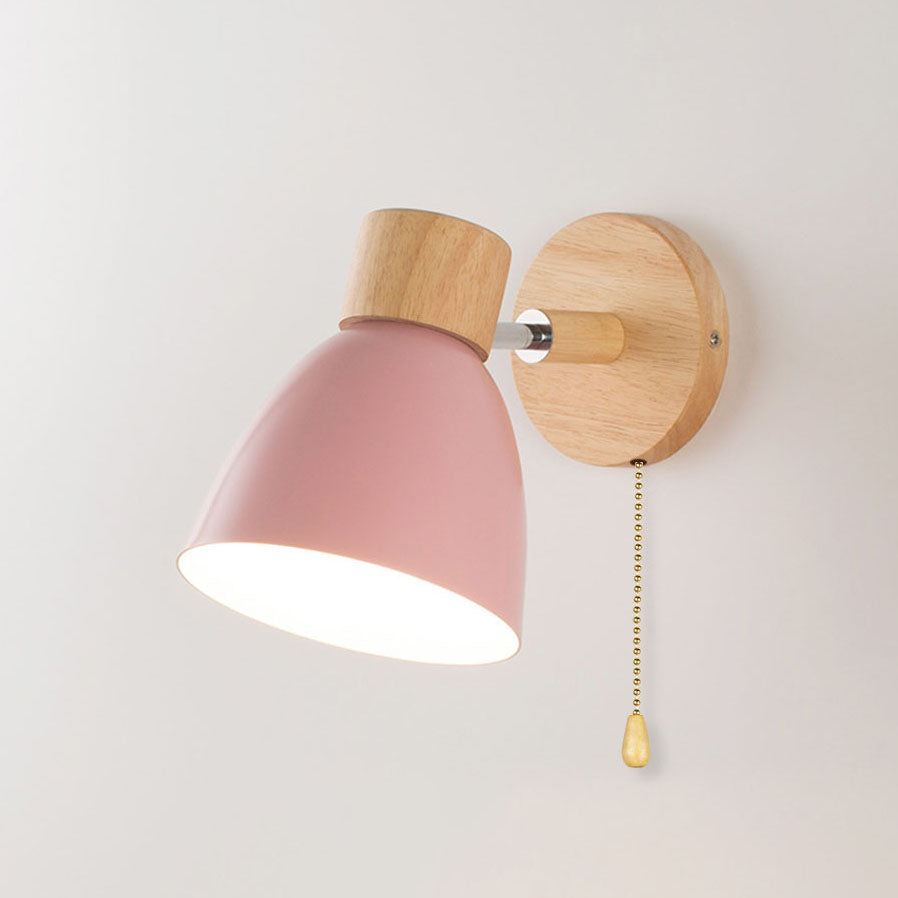 Soft pink vexol Nordic wood wall lamp featuring an adjustable head and pull cord