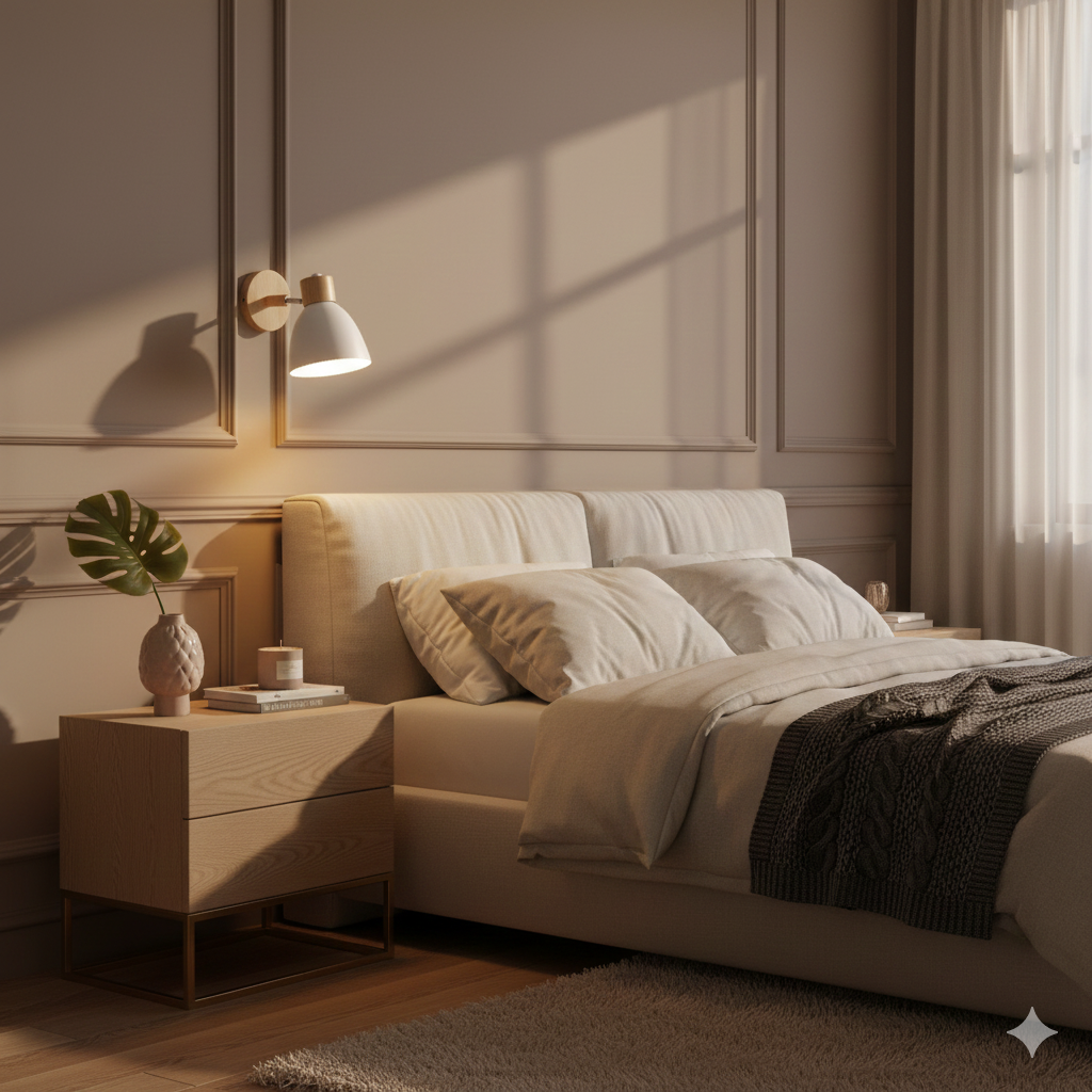 White vexol Nordic bedside reading lamp elegantly illuminating a modern bedroom interior