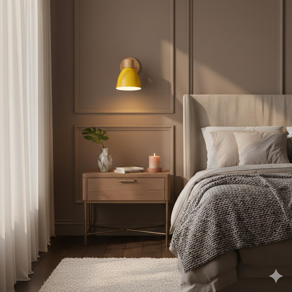 Yellow bedside vexol wall sconce providing warm ambient light in a cosy modern bedroom