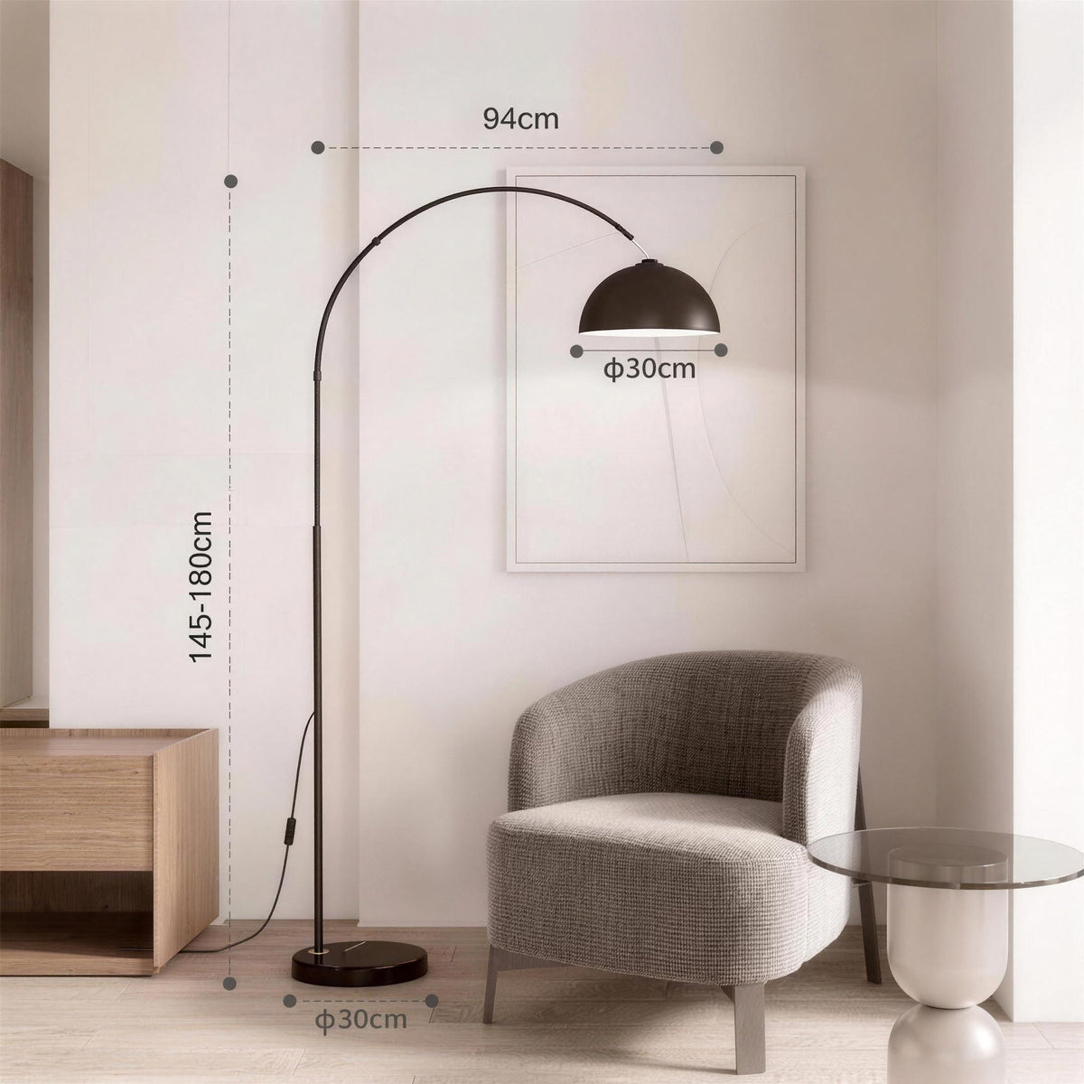 Black arc floor lamp dimensions: 94cm arm span, 145cm to 180cm height, 30cm shade diameter and 30cm base diameter