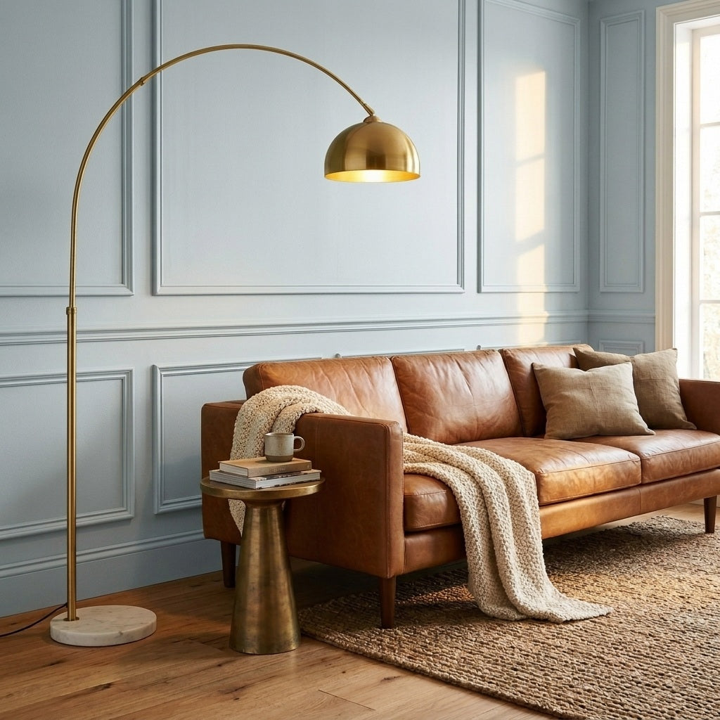 Vira - Mid-Century Arc Floor Lamp with Marble Base - Metal Dome Reading Lamp