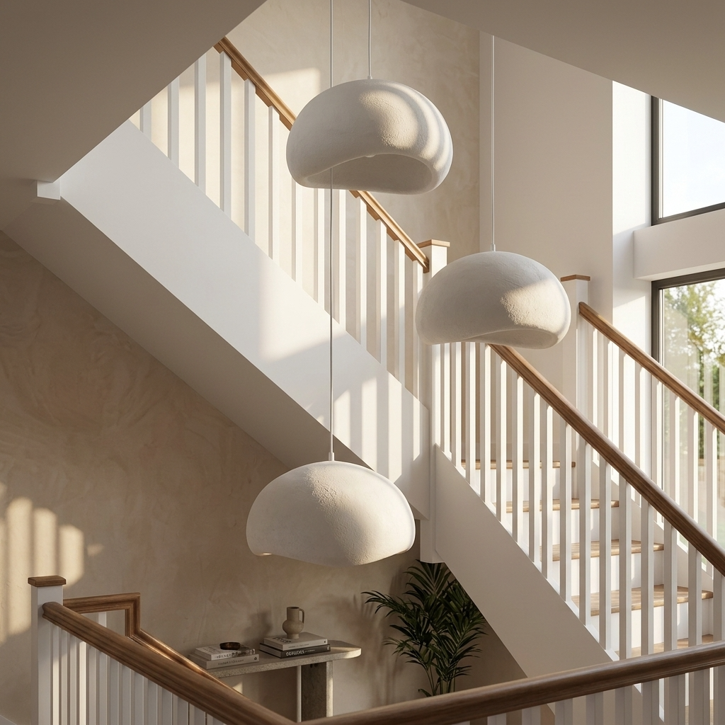 Cluster of white Wabi-Sabi resin viwa pendant lights suspended elegantly over a modern wooden staircase