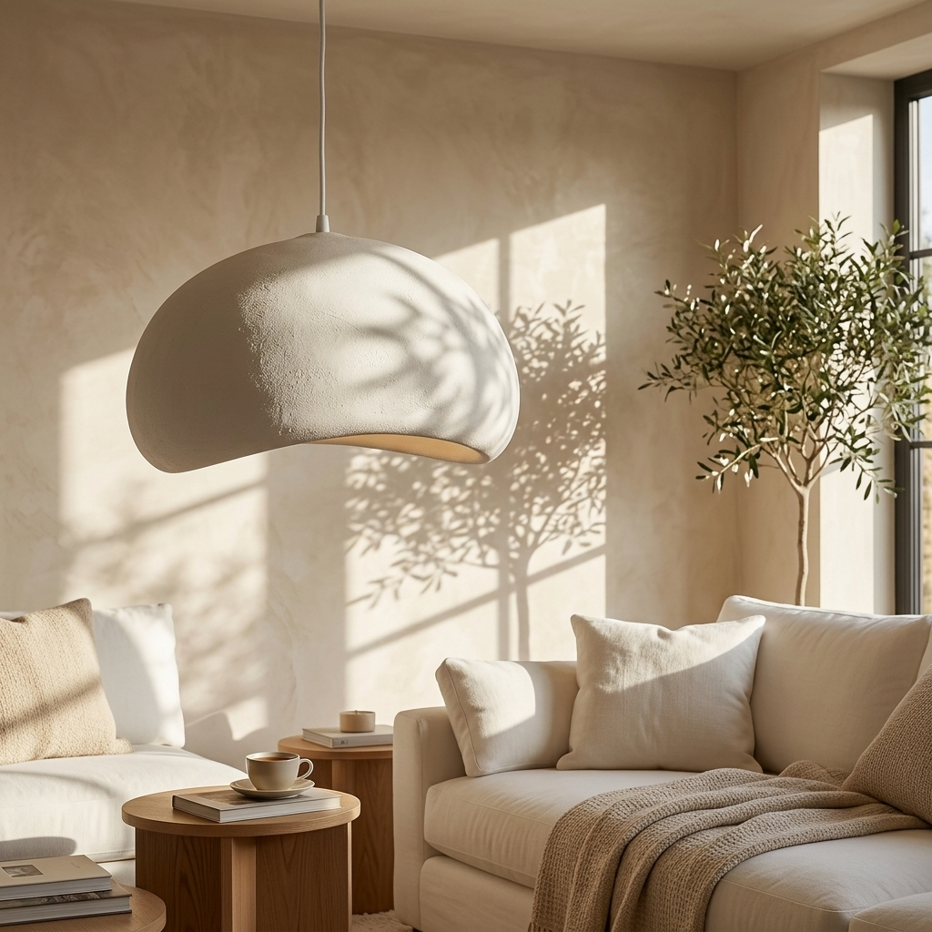 Wabi-Sabi resin viwa pendant light providing a serene atmosphere in a sunlit modern living room