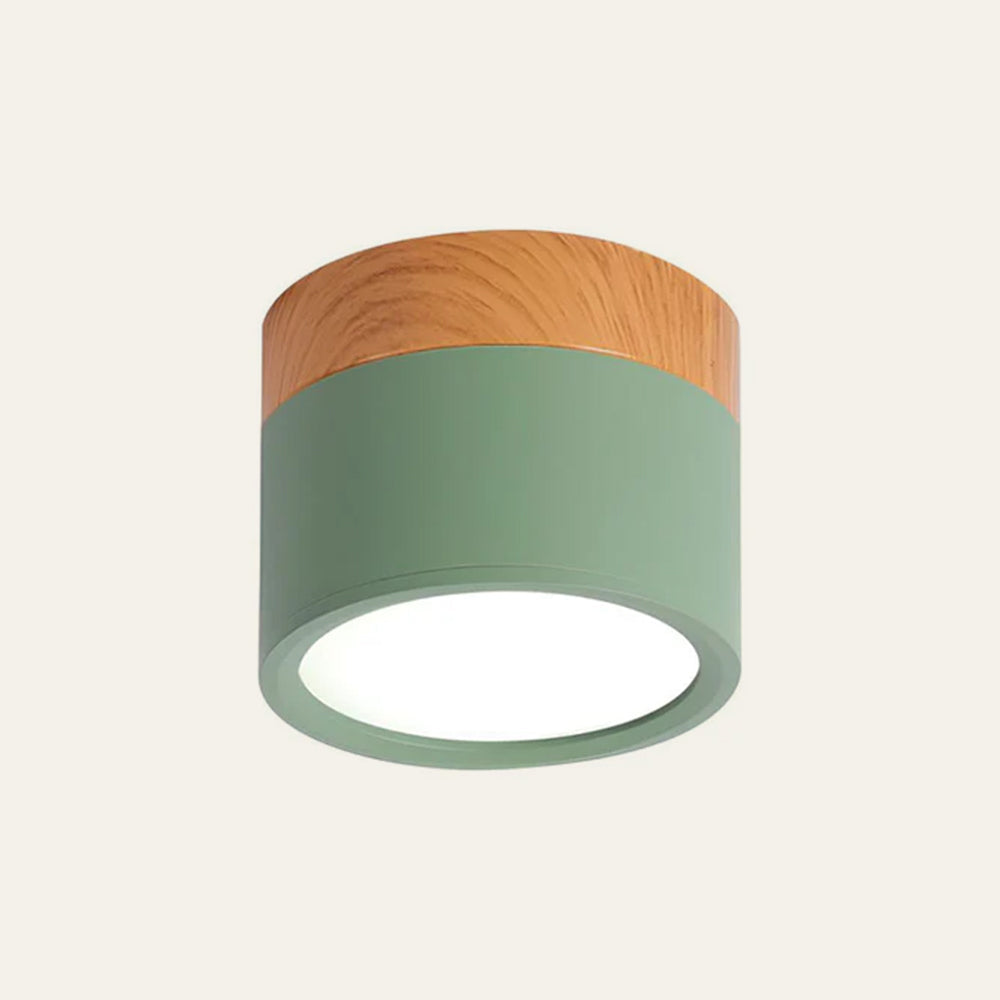 Modern green cylinder flush mount vytri ceiling light with natural wood-effect base