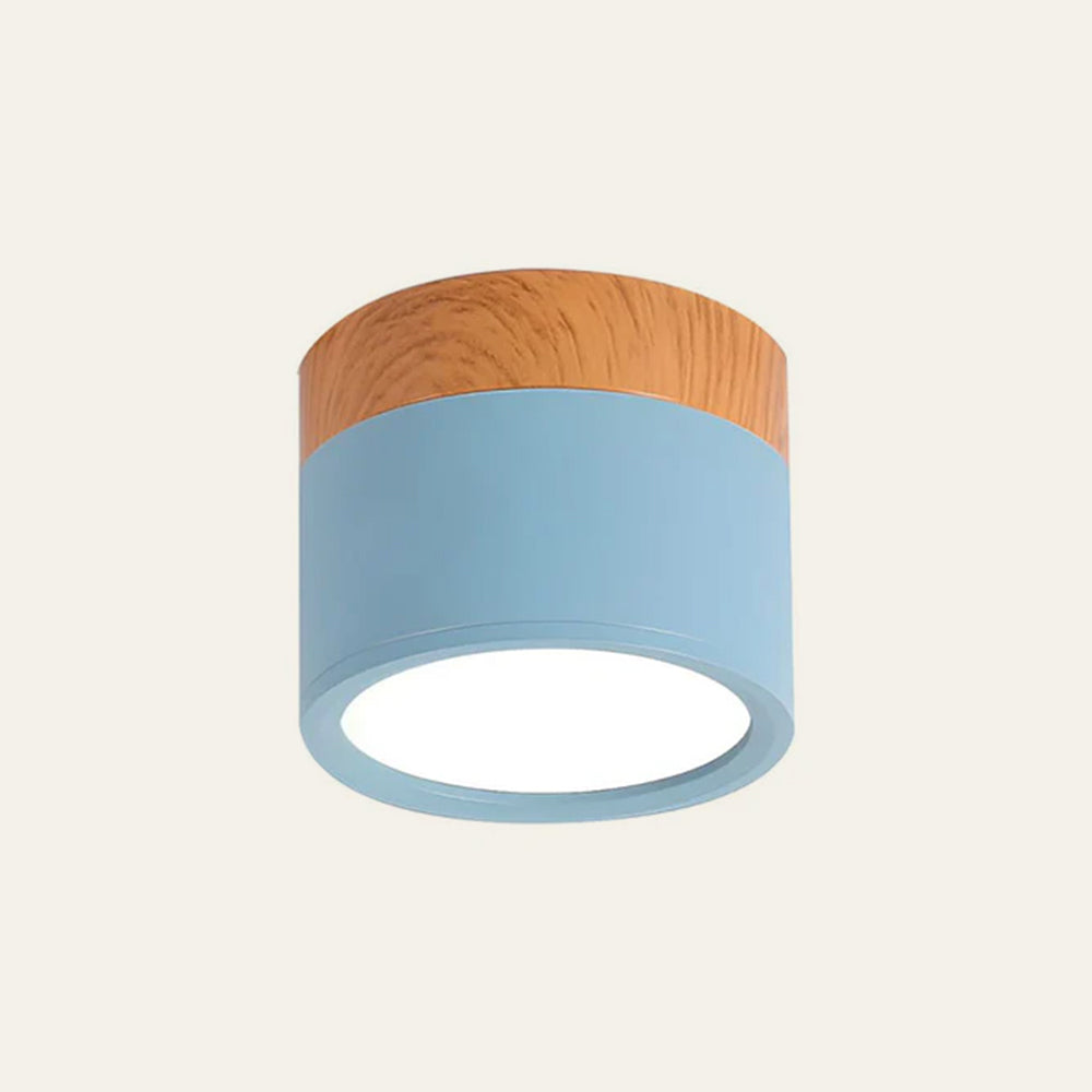Light blue aluminium cylinder flush mount vytri downlight with wood-effect trim