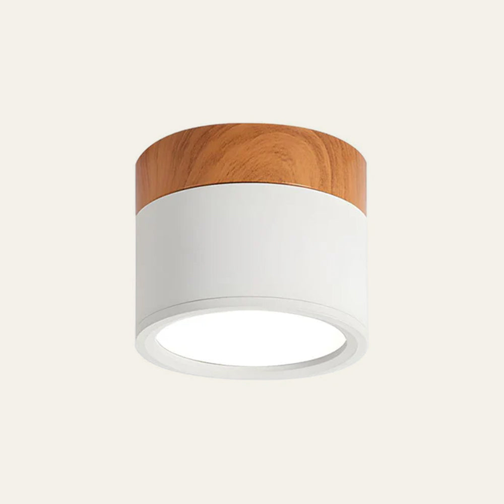 White Nordic minimalist cylinder vytri downlight with wood-accented mounting base