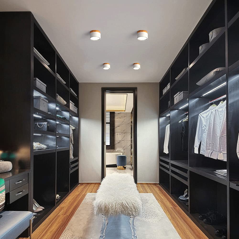 Multiple white cylinder flush vytri ceiling lights illuminating a dark modern walk-in wardrobe