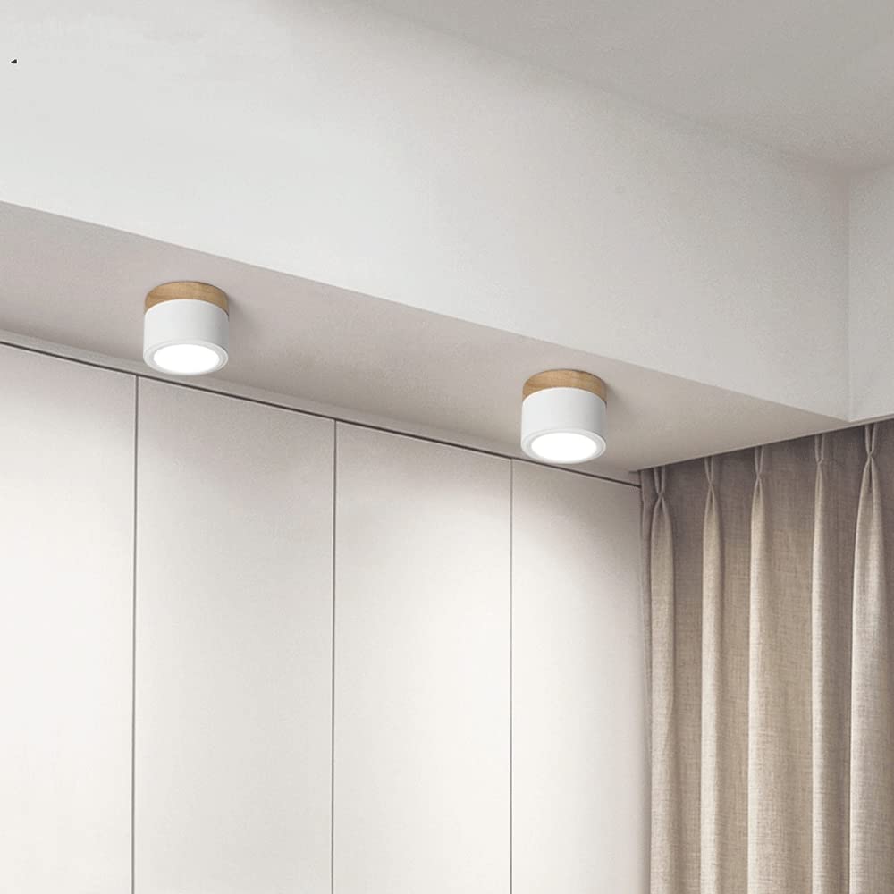 Pair of modern white cylinder flush mount vytri ceiling lights installed in a contemporary bedroom