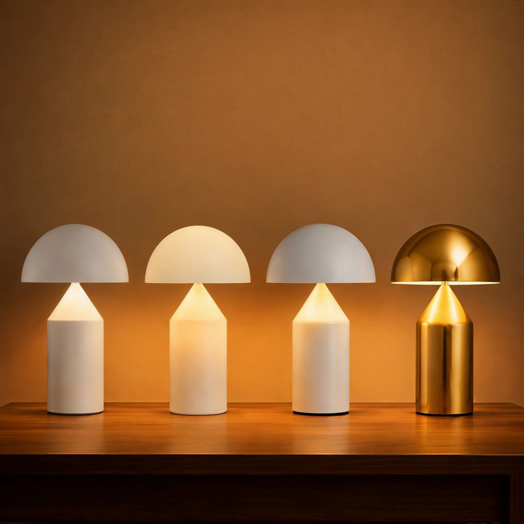 Collection of wesk Bauhaus mushroom table lamps in matte white, bright white, opal glass, and gold finishes