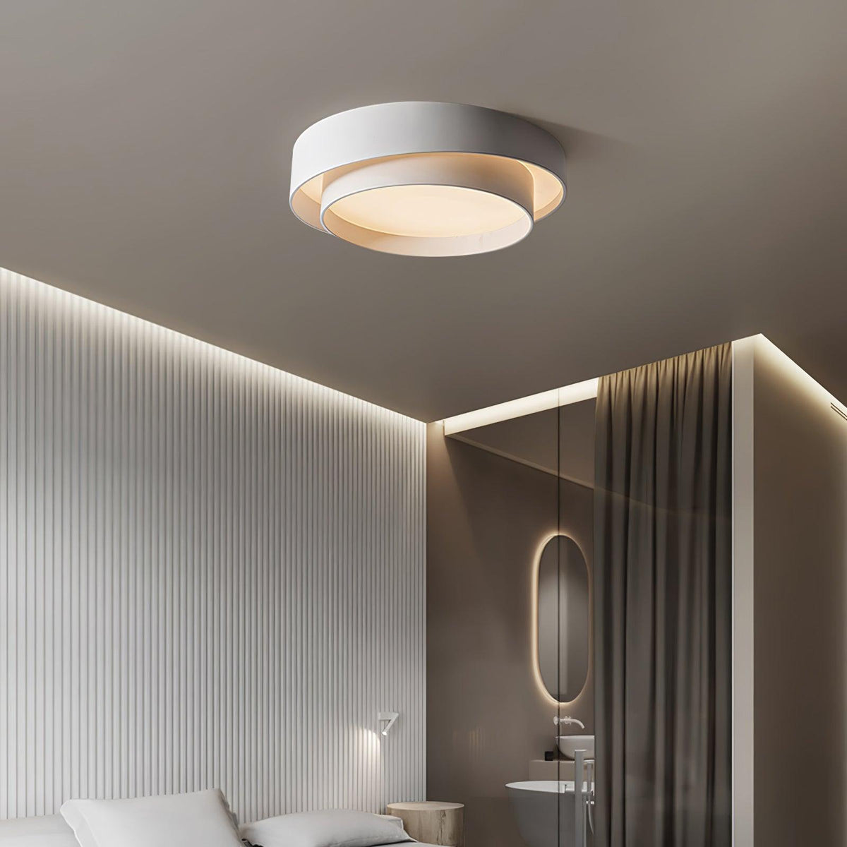 White wlip double-ring LED flush mount light installed in a bedroom featuring modern slatted wall panelling