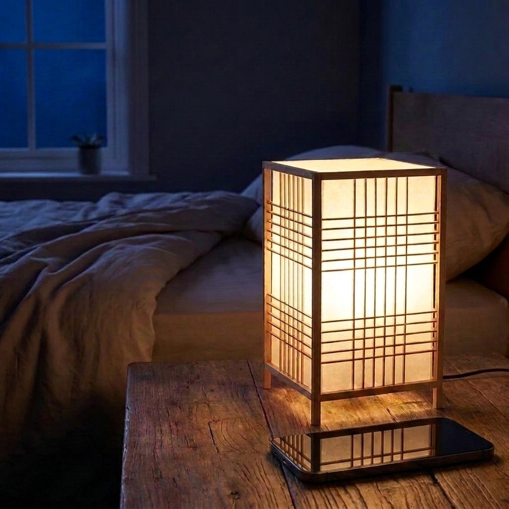 Xevlu bamboo shoji table lamp glowing on a wooden bed side table in a bedroom