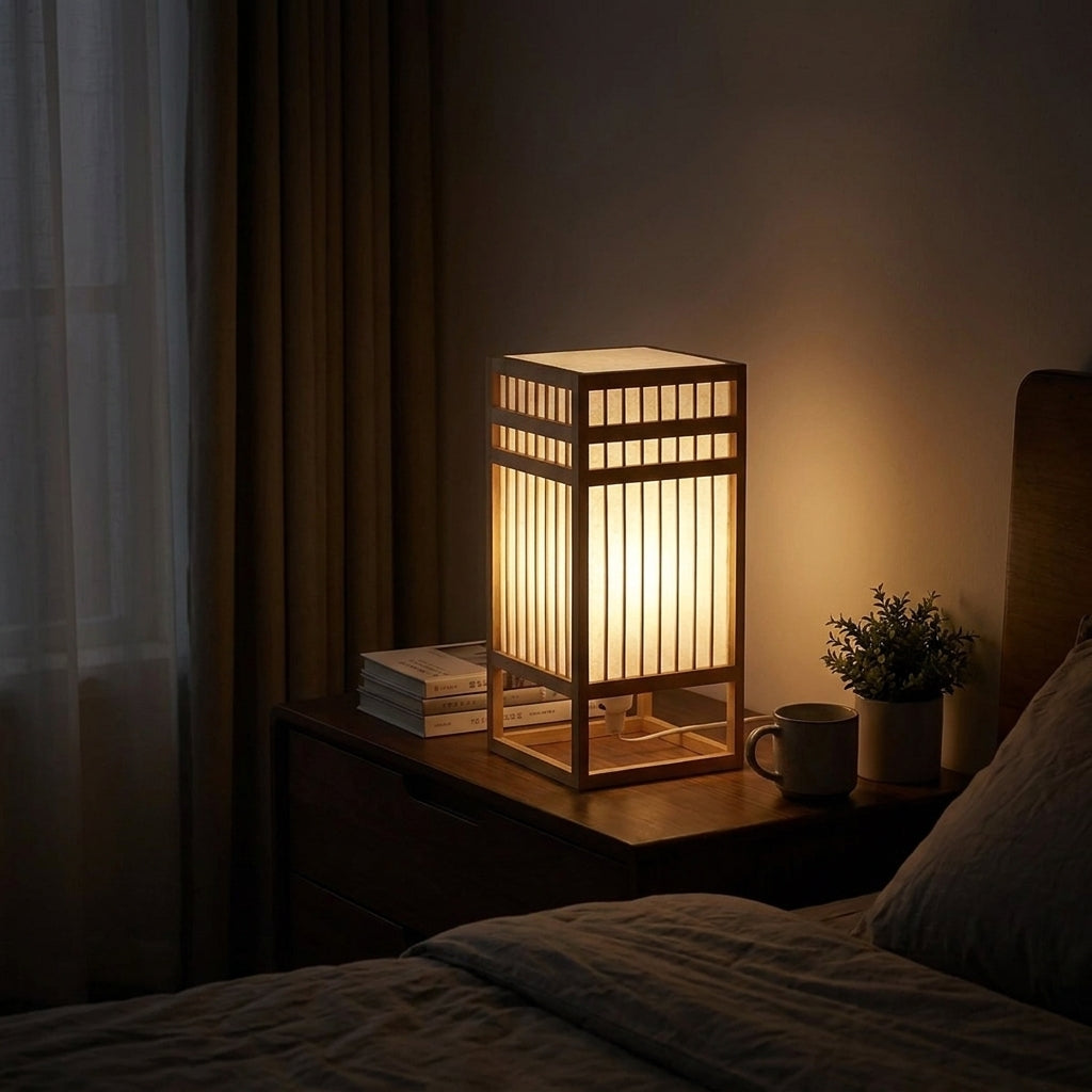 Xevlu bamboo shoji table lamp glowing on a nightstand in a bedroom