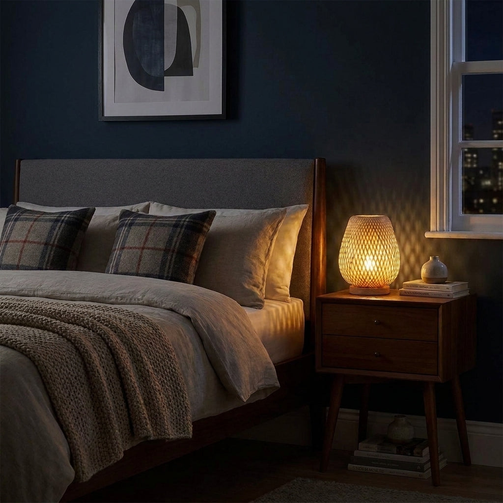 Xevlu bamboo shoji table lamp glowing beside a bed in a dark blue-toned bedroom