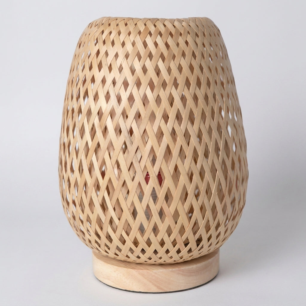 Xevlu round bamboo woven table lamp product shot on white background