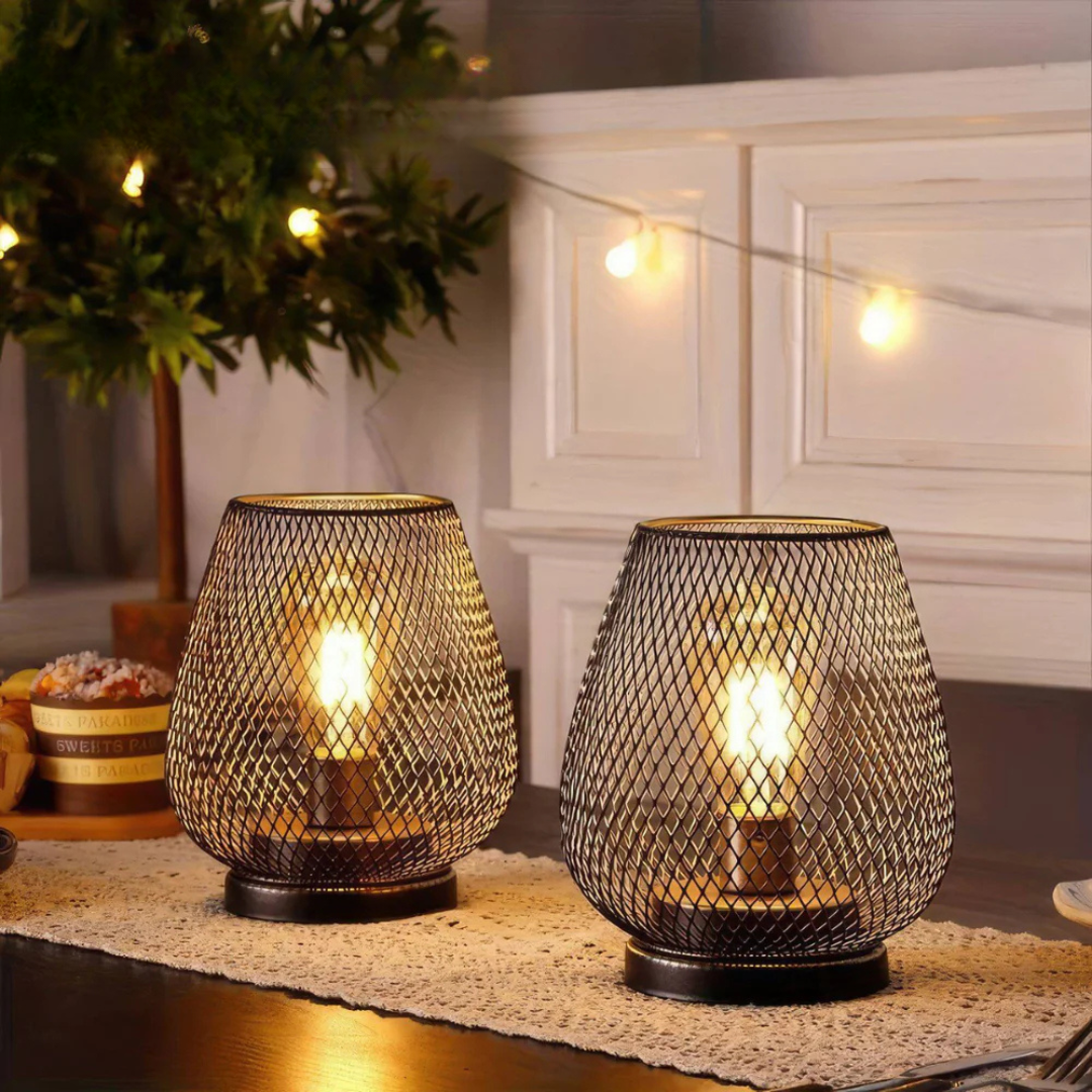 Vintage xolu battery-operated mesh lamps styled on an evening patio table with warm string lights in the background