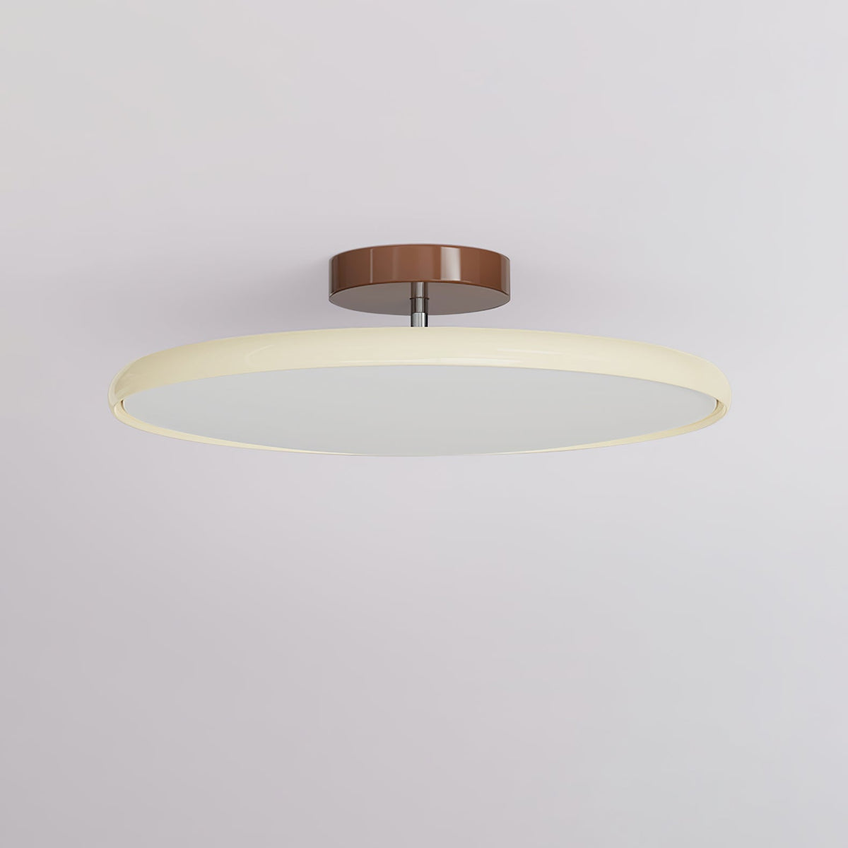 Beige flat panel adjustable xome ceiling light highlighting its contrasting brown mounting base