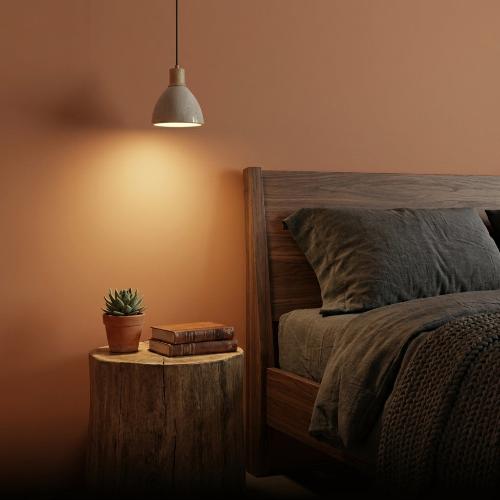 Yomzi pendant light beside a bed in a bedroom